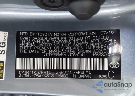 2020 Toyota Corolla Le from USA, damaged, VIN JTDEPRAE6LJ065241